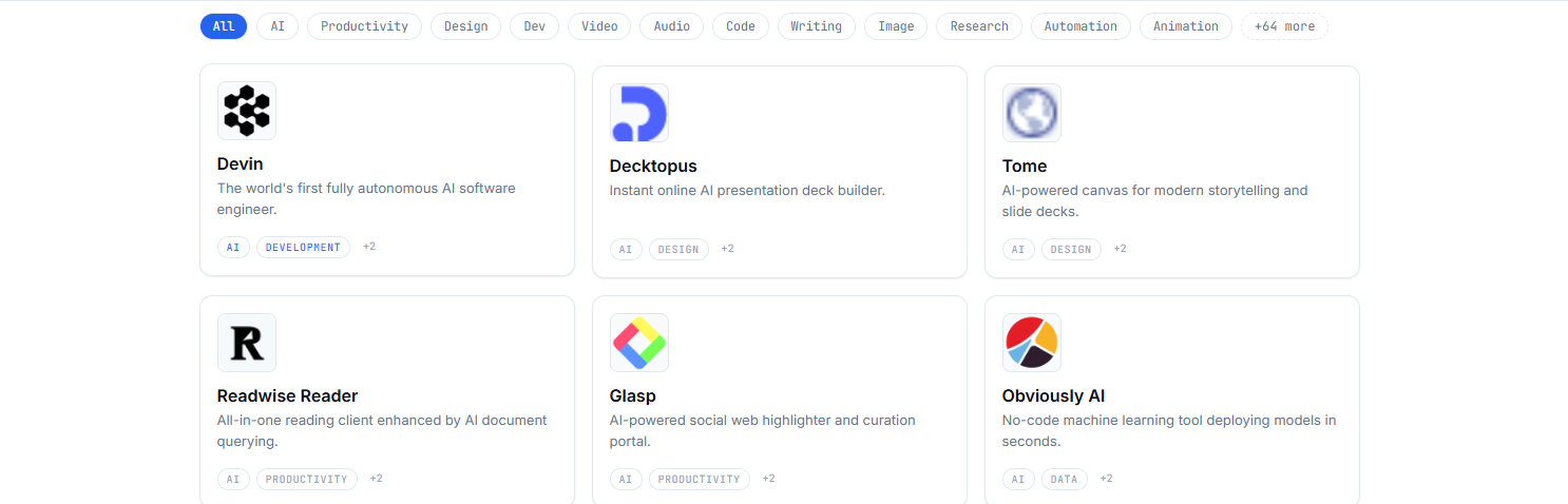 Screenshot of the tools.n3os.com directory, showing category filters and a grid of AI tool cards including Devin, Decktopus, Tome, Readwise Reader, Glasp, and Obviously AI