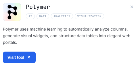 Screenshot of the Polymer tool detail card on tools.n3os.com, showing its icon, category tags (AI, Data, Analytics, Visualization), a real description, and a Visit tool link